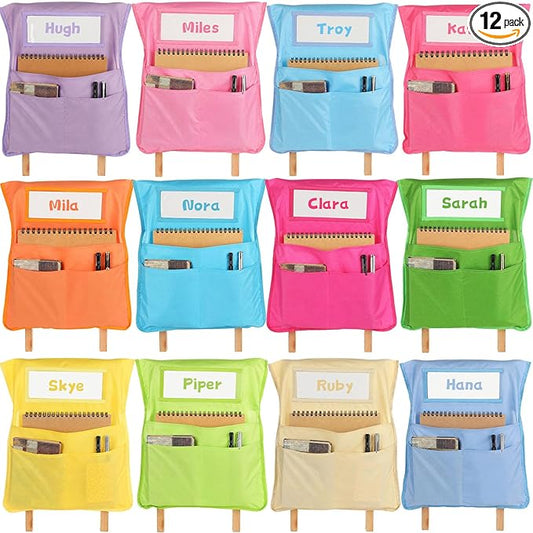 12pcs for Classroom 16.3x19.7inch Classroom Chair Pockets with Name Tag 3 Pockets Chair Organizer for Teacher Student School Office(Pastel)