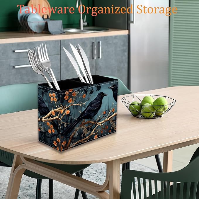 Pen Holder for Desk, PU Leather Multifunctional Desktop Storage Box and Anti-Slip Mouse Pad Set, Makeup Brush Holder Pen Organizer for Office and Home - Branch Crow