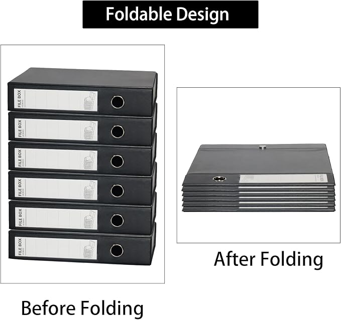 6 Pack Foldable A4 Box Files,Plastic Archive Folders,65mm Spine, Document Box for Office（Black）