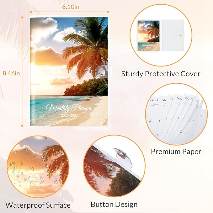 Monthly Planner 2025-2027, Monthly Calendar (July 2025 Until December 2027), 5.9'' x 8.4'', A5 Planner with PVC Cover, Perfect for Office, School Organizing Planning - Beach