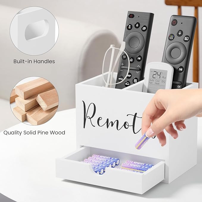 Remote Control Holder, TV Remote Holder with Drawer, Wood Remote Control Organizer for Table, Media Storage Box for Nightstand, Living Room (White,2 Slots)