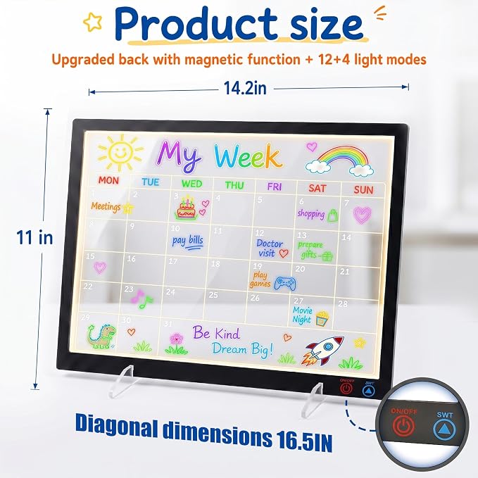 LED Note Board with12+4 Color Light Modes,14.2"x11" Led Drawing Board, for Home/Office/DParty& Gifts, Acrylic Magnetic Whiteboard LED Doodle Board Colors