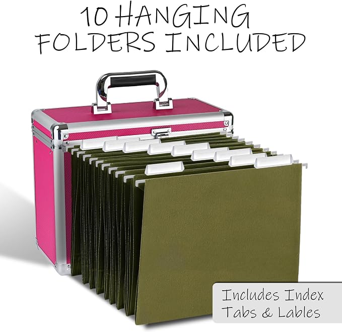 File Storage Cabinet for Letter Size Hanging File Folders, Suspension File Holder, Document Organizer Filing Lockbox in Office and Home with Combination Lock and 10-pack Hanging Files (Pink, Letter)