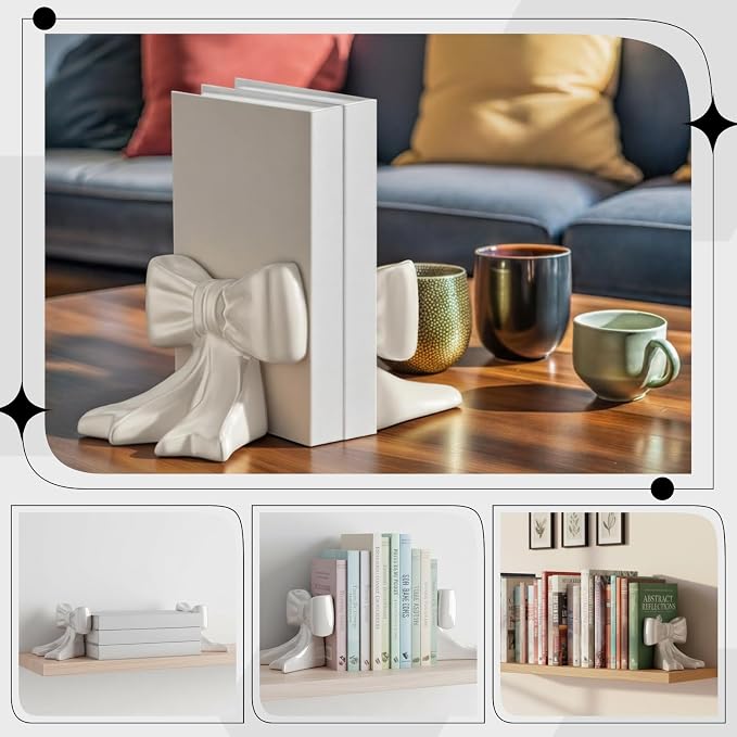Leinuosen 2 Pcs White Bow Bookends Ceramic Cute Book Ends Decorative Book Stand Bow Sculpture Statues Tabletop Shelf Ornament Room Decor for Home Office School Dorm Girl Desk