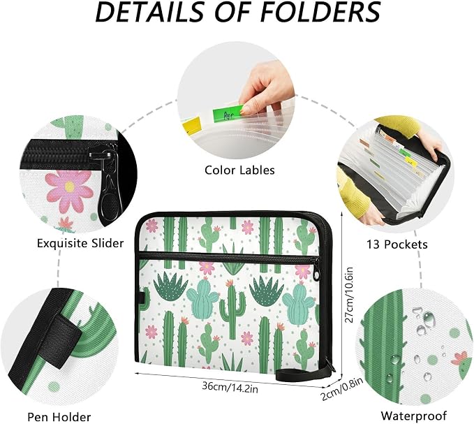 Expanding File Folder Cactus Pattern Accordion File Organizer 13 Pockets Document Organizer with Zipper Labels A4 Letter Office Storage