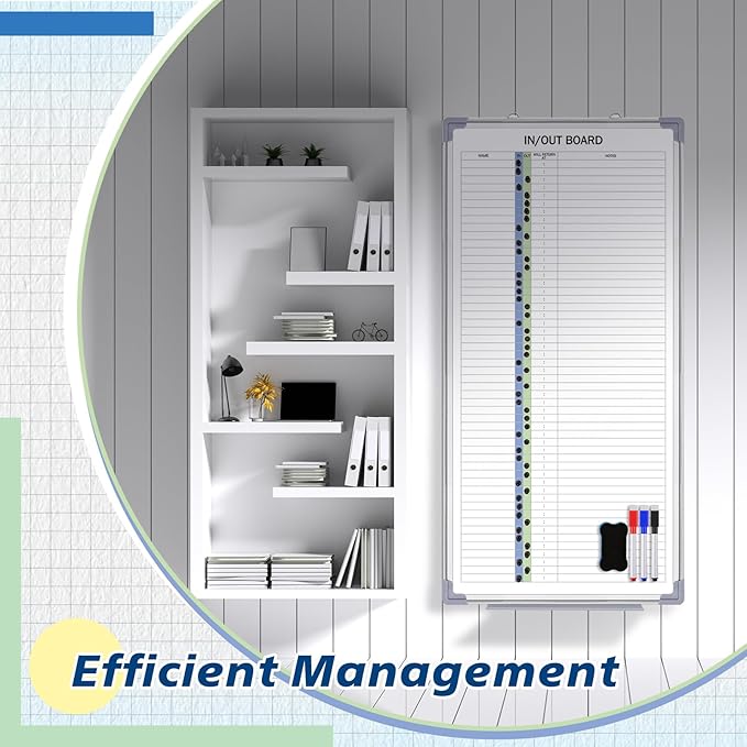 Lincia in and Out Magnetic Dry-Erase Board 36 x 18 Aluminum Framed White Board with Lines 53 Names with Magnetic Dry-Erase Marker, Eraser, and 55 Magnets Wall-Mounted for Office Employee