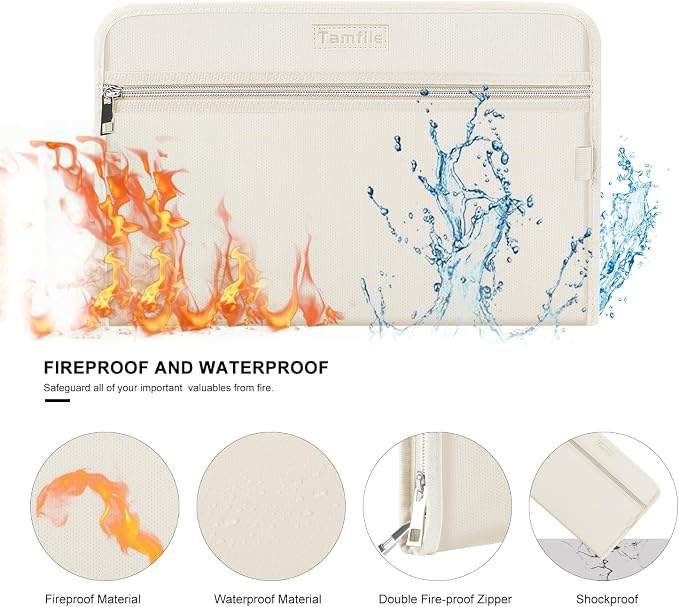 Fireproof Safe Waterproof Accordion File Bag Folder Expanding Filing Folder with 14 Multicolored Pockets, A4 Letter Size, Document Organizer Holder and Color Labels /2 Zipper (Beige 14.3" x 9.8")