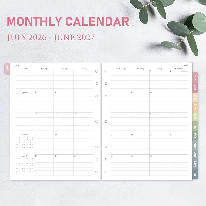 2026-2027 Weekly & Monthly Planner Refill for 3 Ring Binder, 8.5"x11", A4 Letter Size Planner Inserts with Colorful Monthly Tabs, Size 5, July 2026 - June 2027, 7/3-Hole Punched