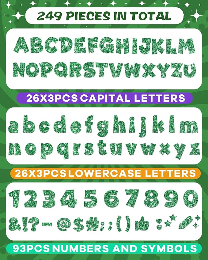 249 Pcs Glitter Bulletin Board Letters Numbers and Punctuation, 4 Inch Alphabet Poster Board Cardboard Letter Cutouts with Adhesive Dots for Classroom Bulletin Board School Decorations (Green)