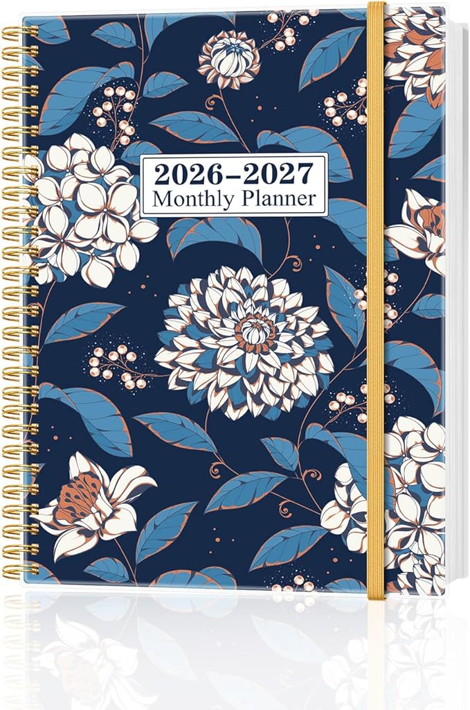 Monthly Planner 2026-2027 – Monthly Calendar from May 2026 to December 2027, 20 Month Planner with Spiral Binding, Inner Pocket, Elastic Closure, 8.5" x 11", Flower-A