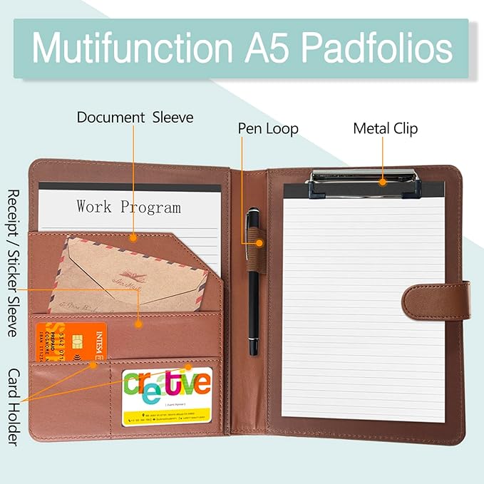 Padfolio Portfolio Binder, Leather Clipboard Folder Briefcase Loose-Leaf Binder with Cover Brown Folder with Pockets Resume Folder for Business Office Meeting Men Women's Business (A5, Brown)