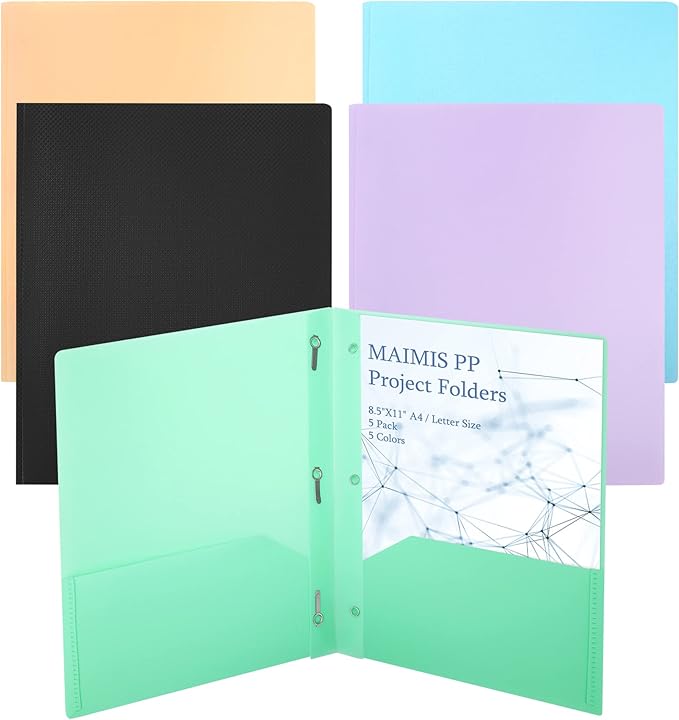 Plastic File Folders with Pockets - (5 Pack, Assorted Colors) Heavy Duty 3 Hole Two Pocket Folder with Pockets 3 Prong Folders A4 Letter Size Colored Plastic Folders for School Office Home