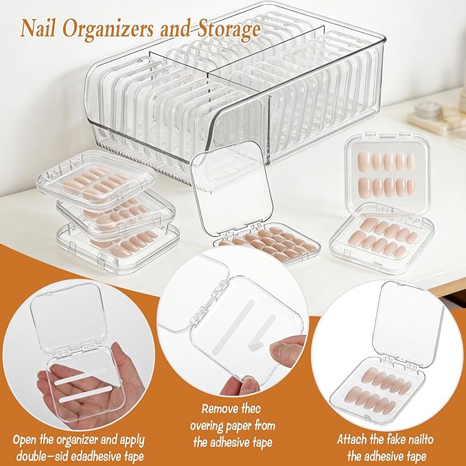 30 Pcs Press On Nail Storage Box, Acrylic Display Case, Packaging Box for Nail Art, Large Stackable, All-In-One Box, 120 Pcs Double Sided Adhesive Nail Display Tape