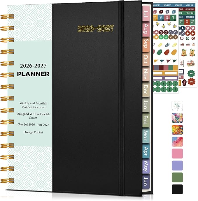 Academic Planner 2026-2027, Weekly and Monthly Calendar Planner from July 2026 - June 2027, 6.1" x 8.2" A5 Large Daily Agenda Book with Tabs, Flexible Cover, College School Organizer for Student Teacher, Black