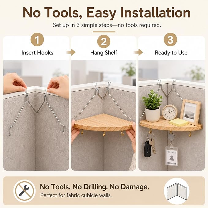3 Pack Cubicle Corner Shelf with Hooks, Wooden Fabric Wall Organizer for Office Desk Storage, Tool-Free Cubicle Accessories for Work Decor