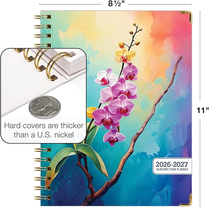 HARDCOVER Academic Year 2026-2027 Planner: 14 Months (May 2026 Through June 2027) 8.5"x 11" Daily Weekly Monthly Planner Yearly Agenda. Bookmark, Pocket Folder and Sticky Note Set (Orchid)