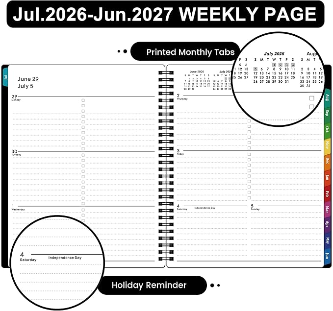 Planner 2026-2027 - July 2026 - June 2027 Calendar, 2026-2027 Planner Weekly and Monthly with Printed Tabs, 8" x 10", Flexible Cover, Twin-Wire Binding, Perfect Oganizer - Black