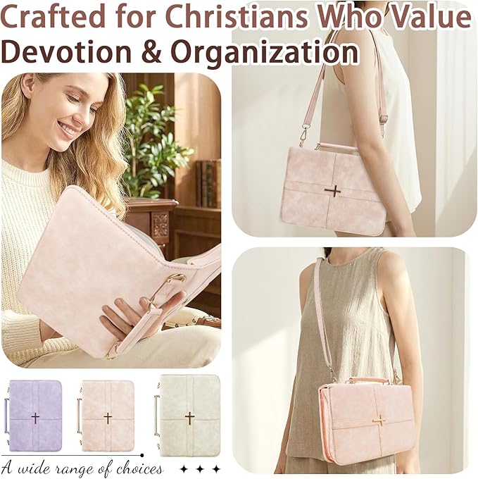 Classic Leather Bible Cover Case with Cross Design and Handle & Shoulder Strap for Women, Durable Bible Study Supplies Organizer Carrying Bag, Christmas Gifts for Christians with Gift Box（Pink