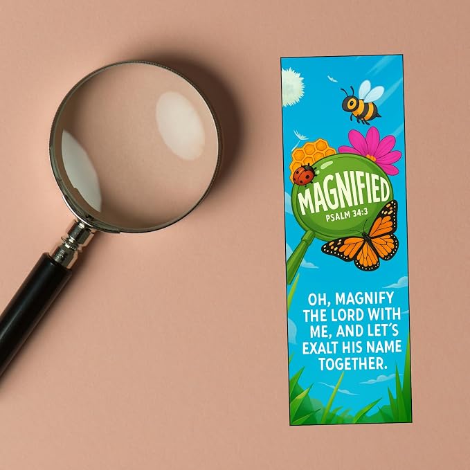 VBS Magnify the Lord, Magnified Theme Bookmarks, Psalm 34:3, 100 Pack, 6 x 2 inches, Glossy Cardstock, Church and Sunday School Supplies