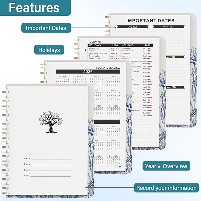 2026 Planner, Weekly and Monthly Calendar Planner for Women, 6.3" x 8.5", Jul 2026 - Jul 2027, Hardcover Planning Agenda book with Tabs, Spiral Bound, Inner Pocket, for School Office Supplies(Blue Florals)