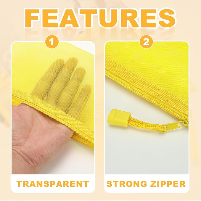 PATIKIL A6 Mesh Zipper Pouch Bags, 5 PCS Mesh Bags with Zipper Plastic Storage Pocket for Organizing File Beads Office Home Supplies, 10x20cm, Yellow