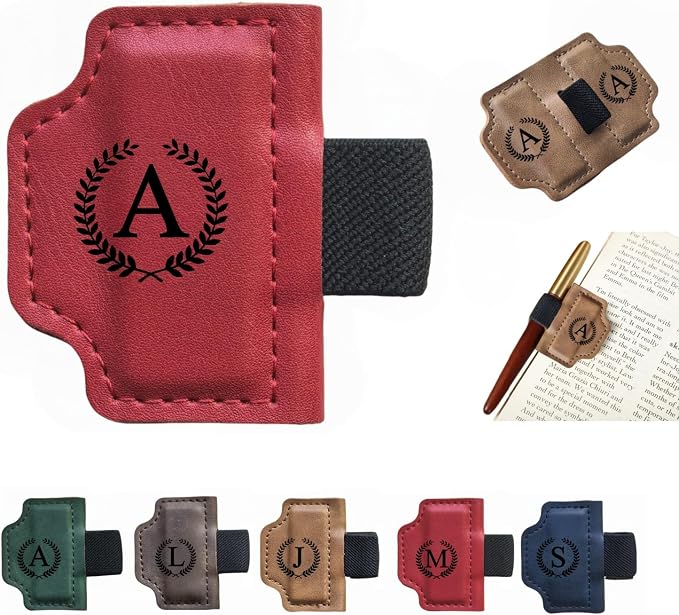 MOTEERLLU Custom Bygonemark Personalized Magnetic Leather Pen Holder Bookmark with Initial for Reading Women, Men, Teacher, Book Lovers Gifts & Accessories(Red,A)