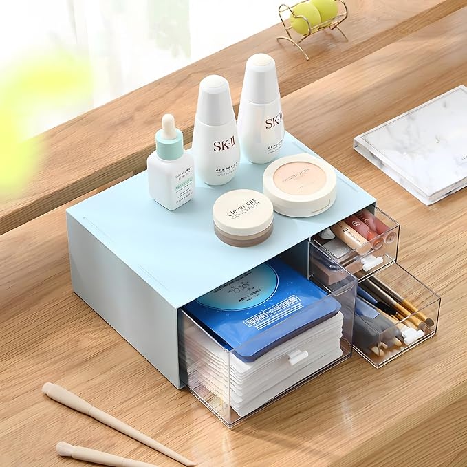 Desktop Stackable Storage 3 Drawers, Blue Plastic Stationery Drawer Organiser, Makeup Desk Organiser Storage Box, Small Drawers Storage Unit, 1 Deep Layer