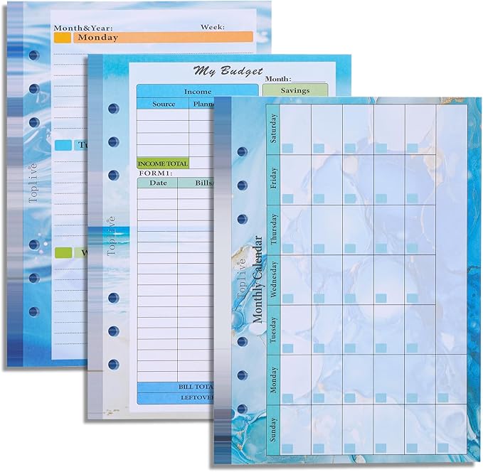 Toplive 3 Pack A5 Planner Refill 82 Sheet Colored Monthly Weekly Planner Refill Paper 6 Hole Budget Sheets Expense Tracker Inserts for A5 Binder Cover Bill Saving Organizer, Blue