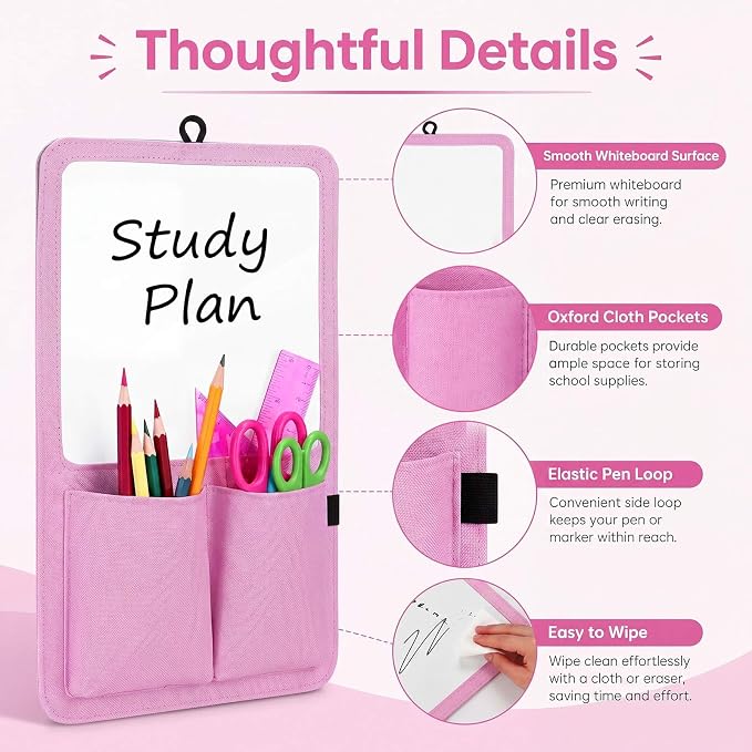 Briwooody Magnetic Locker Organizer 7.8 x 12.6 Inch Locker Accessories Magnetic White Board with Holder Bag Back to School Holder Bag First Day of School Supplies for Cabinet Refrigerator(Light Pink)