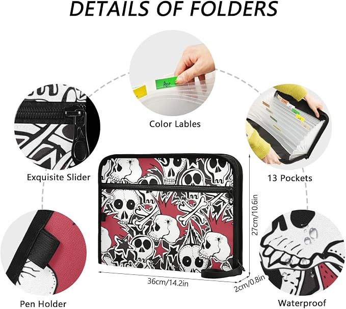 Punk Rock Skulls File Folders,Plastic Folders with 13 Pockets,Expandable File Folder for Documents School Students Office,Aesthetic Folder with Labels A4 Letter Size