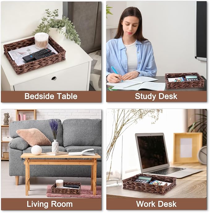 BTSKY Plastic A4 Paper Tray Organizer for Desktop Accessories, Hand-Woven File Holder with Sturdy Frame, All-in-One Storage for Letters, Magazines and Notebooks, Office and Home Supplies, Brown