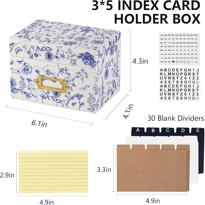 3x5 Index Card Holder, Leather Organizer Box with 300 Flash Cards, 30 Plastic Dividers & 2 Letter Stickers,Flash Recipe Card Holder Box for Home Office Kitchen (Index Card Holder-A)