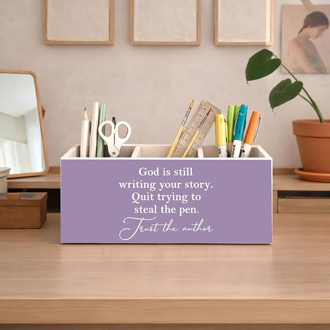 God is Still Writing Your Story Pen Holder | Inspirational Desk Organizer, Wooden 3-Compartment Pencil Caddy for Office, Home, Classroom