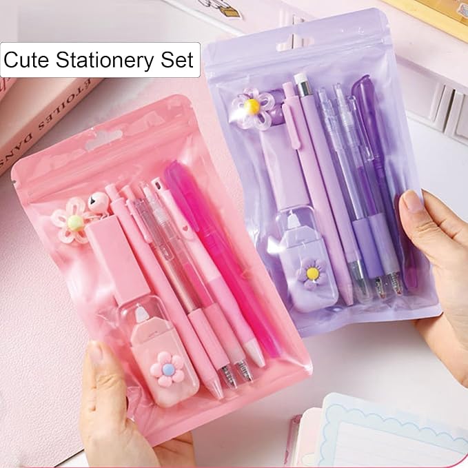 MOZXIRZ 8 Pcs Cute Purple Stationery Set for Girls Boys Women Back to School Supplies Office Supplies Kawaii Candy Colors Stationery Gift Including Pen Pencil Highlighter Eraser (Purple)