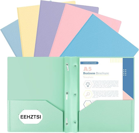 6-Pack Plastic andPockets and Prongs,2-Pocket and3 Fasteners, Holds 8-1/2" x 11" Paper for School/Office/Home, Pastel Color