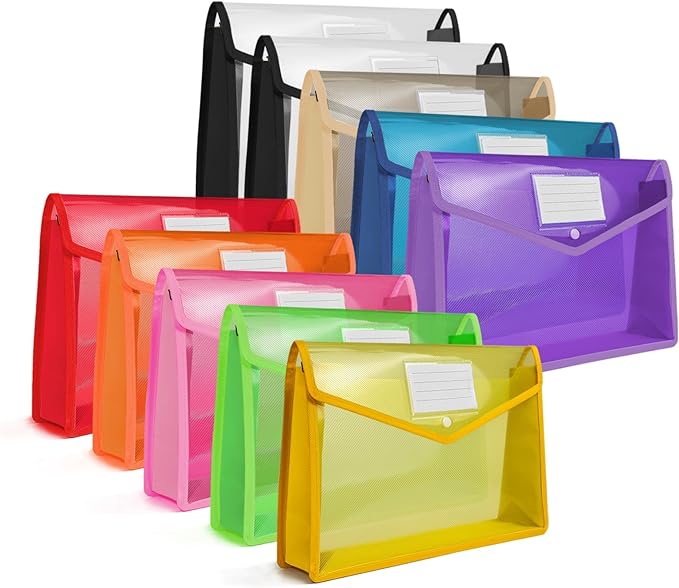 HOUYEE Pack of 10 Plastic Expanding File Folder,Multicolor Envelope File Folder Organizer Holder with Snap Closure,Expandable File Wallet Large Capacity, Fit Letter Size / A4 Documents