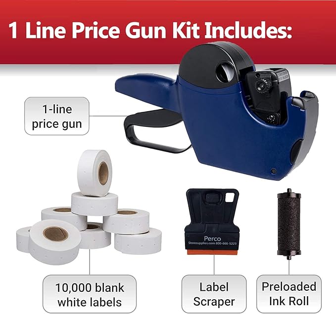 Perco Pro 1 Line Price Gun with Labels Kit, Includes 1 Line Pricing Gun, 10,000 White Labels, with Pre-Loaded Inker Bundled w Perco Ink Roll for Perco Pro 1 Line & Perco Pro 2 Line Perco Labelers