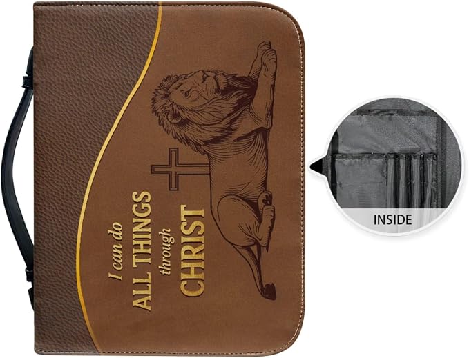 Vintage Style Cross Bible Case with Bookmark Waterproof Bible Cover Case for Women Lightweight Bible Bag with Handle Pockets Church Book Bag Brown