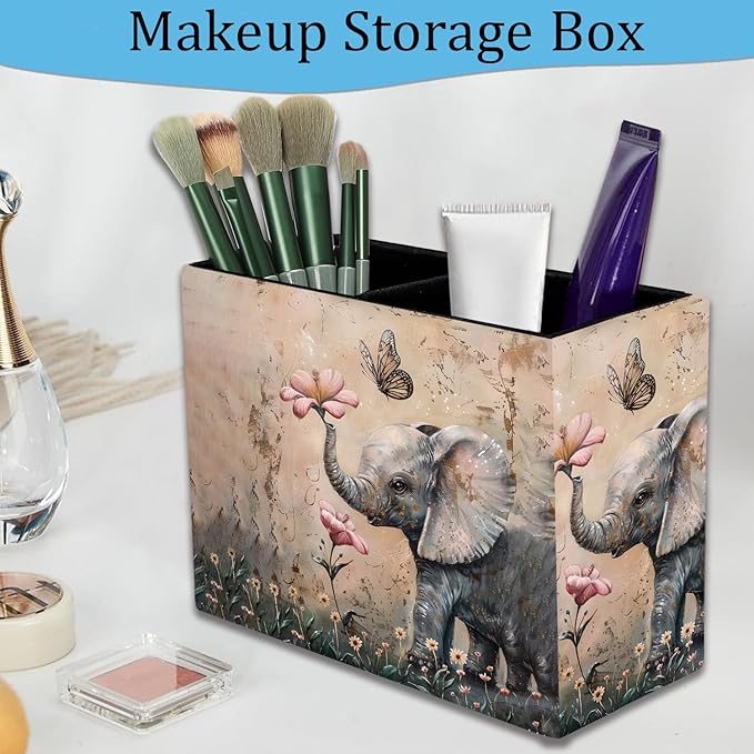 Pen Holder and Anti-Slip Mouse Pad Combination, Makeup Brush Storage Box, Tableware Storage Box, Suitable for Office and Home - Cute Little Elephant Flower