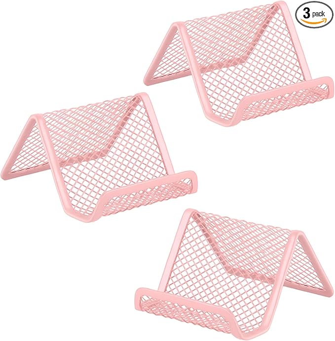 Business Card Holder for Desk, Office Desktop Business Card Display Holder, Mesh Business Card Holder, Desk Accessories for Women and Men, Pink(3 Pack)