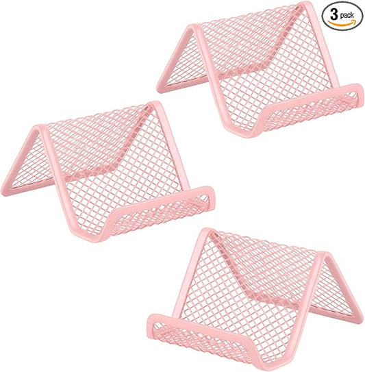 Business Card Holder for Desk, Office Desktop Business Card Display Holder, Mesh Business Card Holder, Desk Accessories for Women and Men, Pink(3 Pack)
