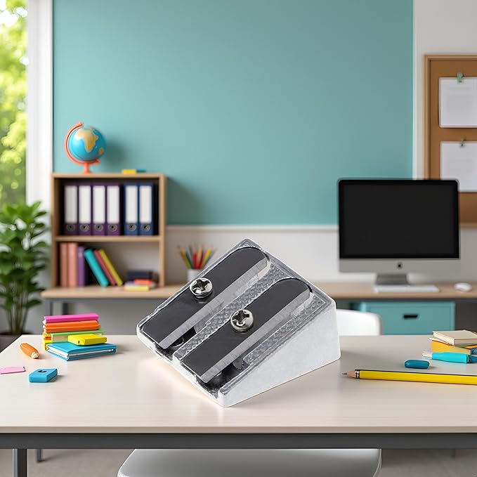 Silver Metal Bevelled Double Hole Pencil Sharpener School Office Sharpener Stationery Writing and Correction Supplies,Office and School Supplies