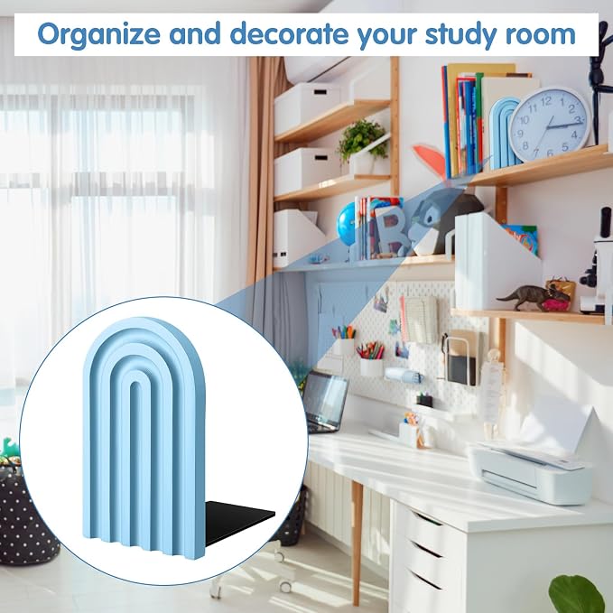 Harloon 4 Pcs Boho Arch Wooden Bookends, Decorative Rainbow Book Stoppers with Non-Slip Metal Base, 5x3x4 Inches, Cute Shelf Decor for Heavy Books, Home Office Study Desk Organizer(Denim Blue Color)