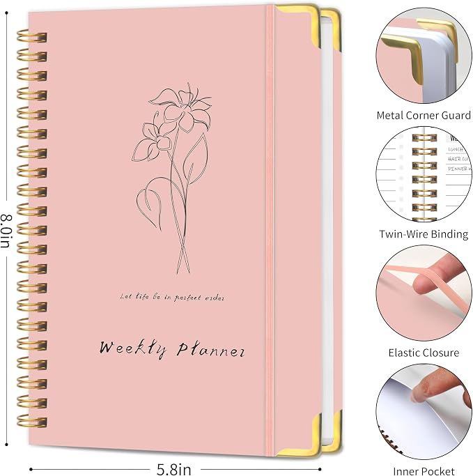 Undated Weekly Planner, Weekly To Do List Notebook with Goal & Habit Tracker Organizer, A5 5.8" x 8.0" Weekly Planner Notebook with Spiral Binding for Men or Women