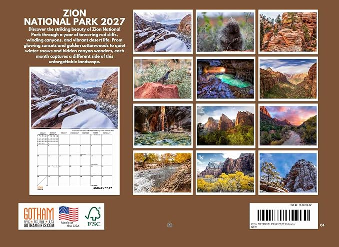 Zion National Park Calendar 2027 Utah Monthly Wall Calender 12 Month