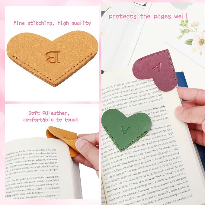 Personalized Initial Leather Heart Bookmark,Cute Corner Page Marker,Reading Accessories for Teachers Students Kids Book Lovers Women Gift,for School Office Home Supplies (C(4 Pcs))