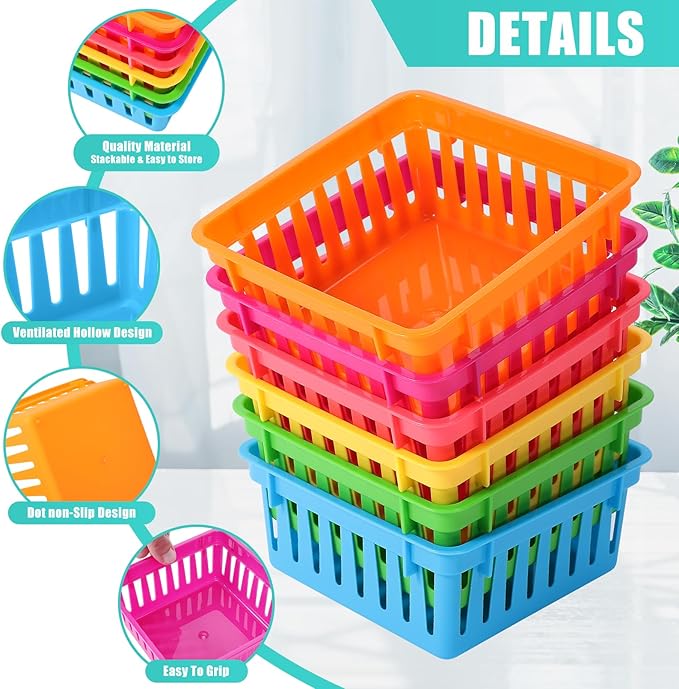 12 Pack Classroom Storage Baskets,Colorful Classroom Storage Bins,Small Plastic Organizer Basket,Crayon Pencil Containers Organizer Bins for Desk,Home,Office(4.5" L x 4.5" W x 2.5" H)