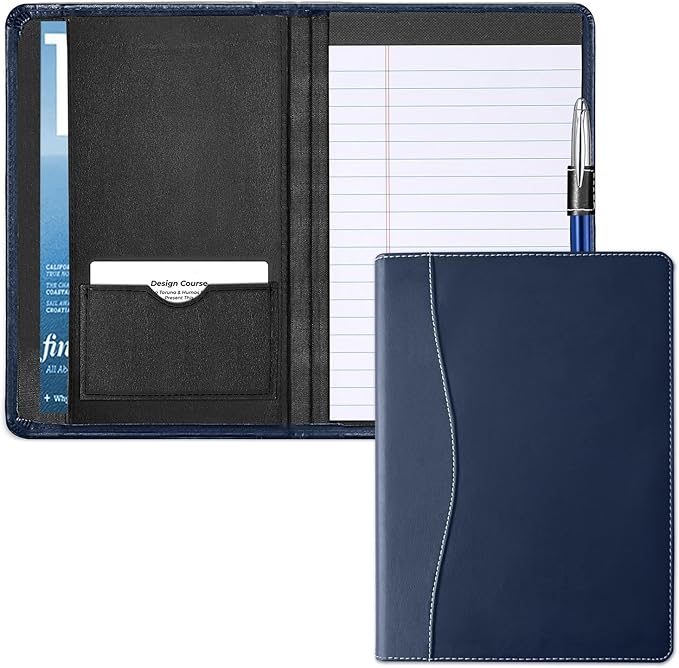 Mini Padfolio/Junior Portfolio Folder Case, Business A5 Binder Organizer Notepad for Men Women, 5 x 8 Writing Pad Included, Navy Blue