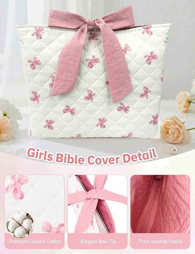 Bible Sleeve for Women Girls - Hand Carry Large Bible Cover with Pink Lace - Washable Padded Bible Case with Bible Study Supplies- Christian Gift for Women Girls Friends