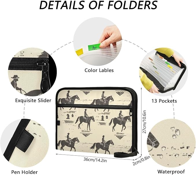Cowboy Horseback Riding File Folders,Plastic Folders with 13 Pockets,Expandable File Folder for Documents School Students Office,Aesthetic Folder with Labels A4 Letter Size